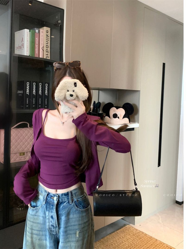 早秋季辣妹小个子修身短款长袖开衫T恤外套罩衫吊带背心两件套装|undefined