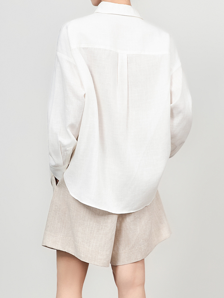 Áo sơ mi nữ linen tay dài cổ bẻ phong cách tiền cũ — Màu trắng