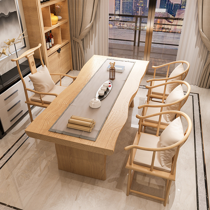 New Chinoiserie Tea Table and Chair Combination Solid Wood Kung Fu Tea Table Simple Office Reception Tea Table 1.8m Set