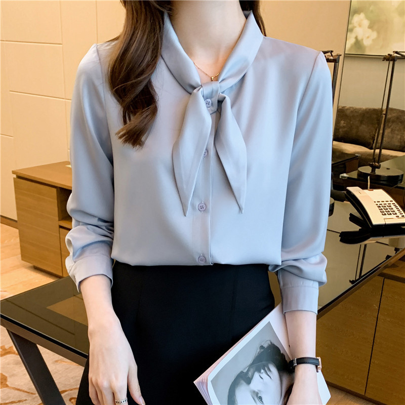 Authentic French-Style Professional Commuting Silk Long-Sleeve Shirt for Women, Silk Blouse with Bow Tie and Ribbon