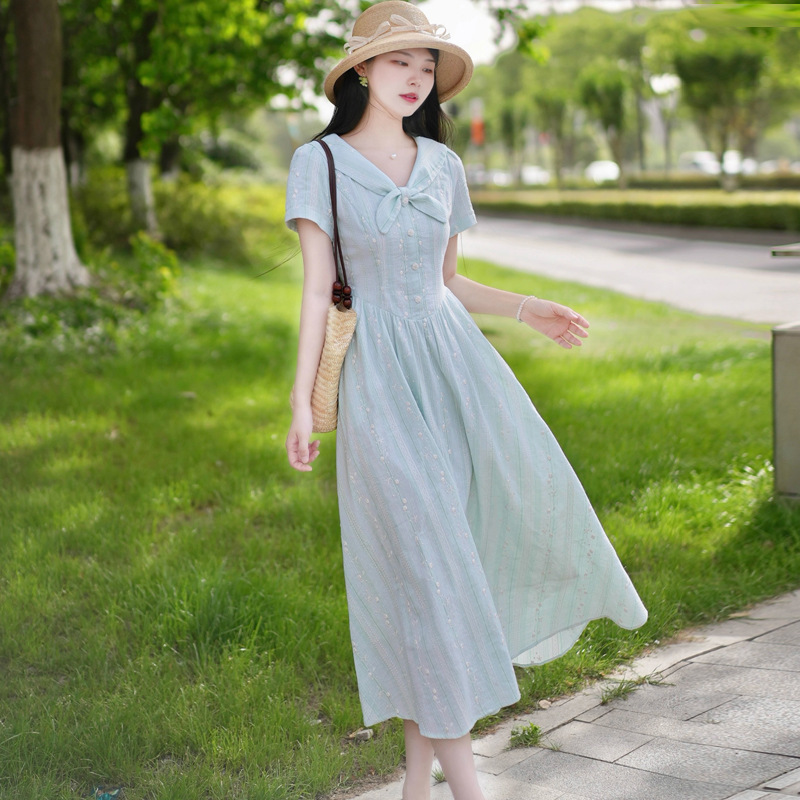 Fresh and Simple Blue Navy Collar Short Sleeve Dress for Women 2025 Summer Stunning High-End Waist-Cinching A-Line Long Dress Fresh and Simple Blue Navy Collar Short Sleeve Dress for Women 2025 Summer Stunning High-End Waist-Cinching A-Line Long Dress