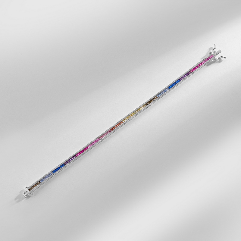 Nuevo estilo transfronterizo de lujo ligero de una sola fila de color brillante pulsera de circonio femenino S925 con incrustaciones de plata colorida joyería del tesoro de color arco iris estilo europeo y americano