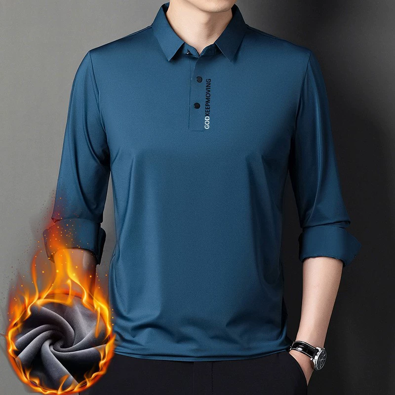 2022 осень-зима Новая футболка с длинными рукавами, мужская повседневная Однотонная рубашка среднего возраста с лацканами, на флисовой подкладке, утолщенная поколение волос