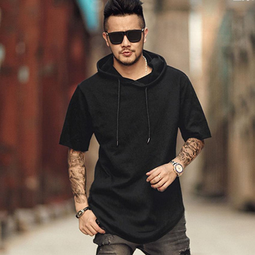 Cap sleeve men's fashion hat T-shirt loose large size hip-hop hat sweater half sleeve summer thin model with hat black hoodie