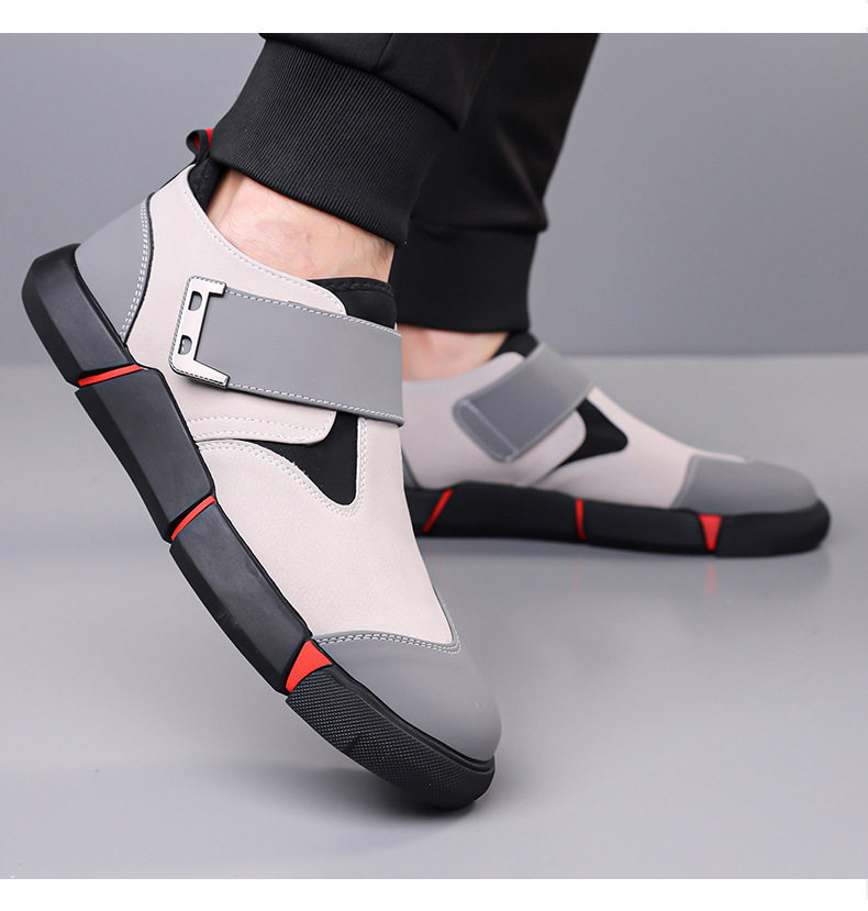 Giày lười nam da PU mũi tròn khóa Velcro chống trượt, đế cao 3 cm — Kaki, Màu đen chi tiết 17