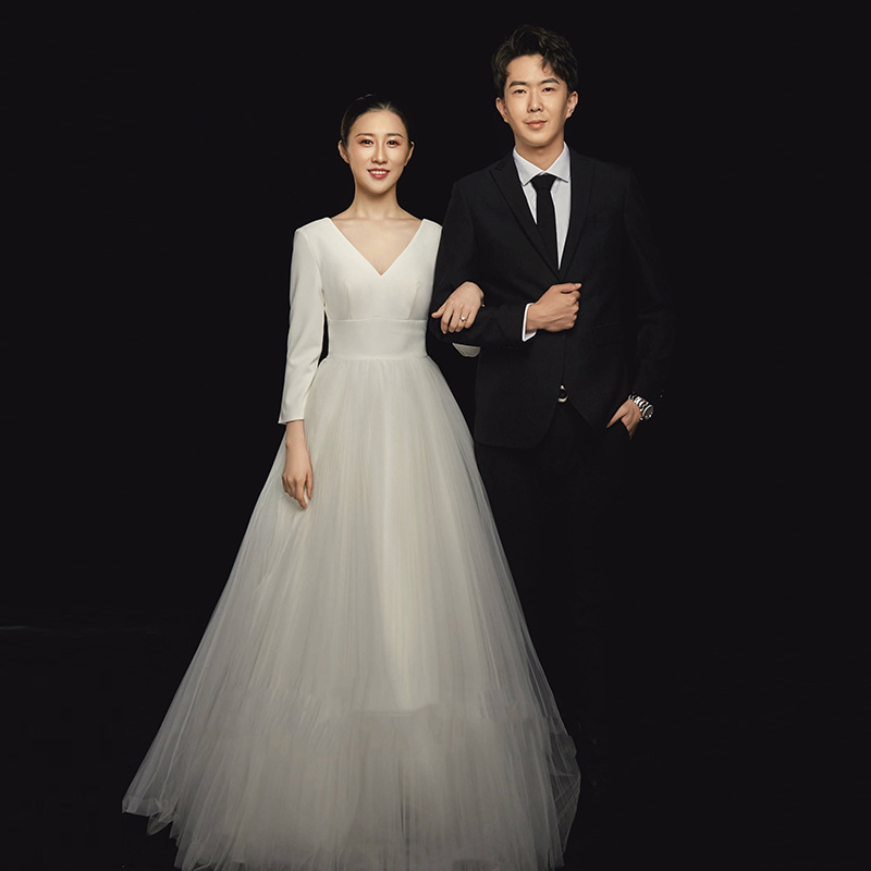Luz vestido de novia viaje tiro 2024 primavera nueva novia gasa al aire libre estudio tiro elegante manga larga vestido de banquete