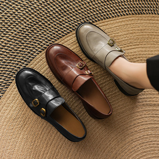 Loafers 2025 Spring New Women's Shoes Thick Heel Low Heel Small Leather Shoes Belt Buckle Slip-On Deep Mouth Flats for Women