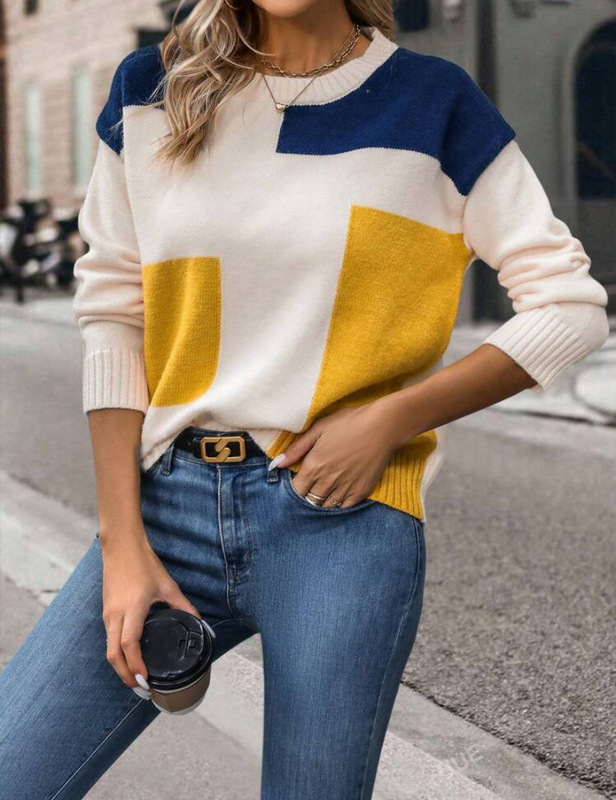 欧米の外国貿易の秋の服の女性の色合わせの糸の服のニットのセーターの丸首のプルオーバーの上着のアマゾンの輸出|undefined