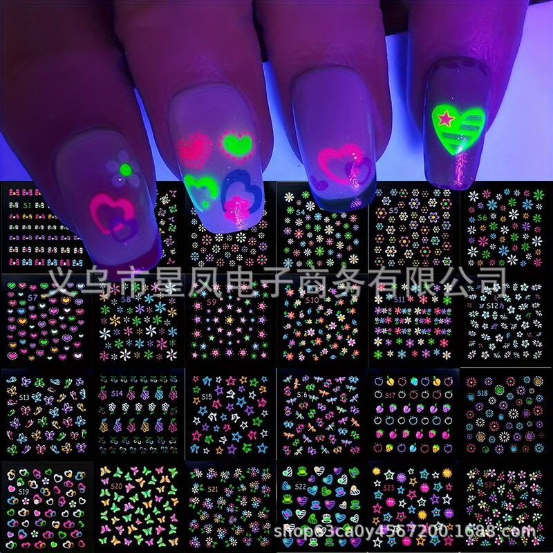 30 Pieces of Cross-Border Wholesale Nail Stickers DIY Fluorescent Daisy Small Pattern Butterfly 3D Cartoon Nail Art Decoration Decals