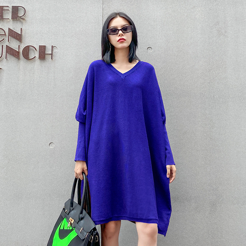 Europeo con cuello en V suéter de punto vestido para las mujeres primavera y otoño nueva suelta adelgazamiento Batwing manga color sólido bottoming superior venta al por mayor