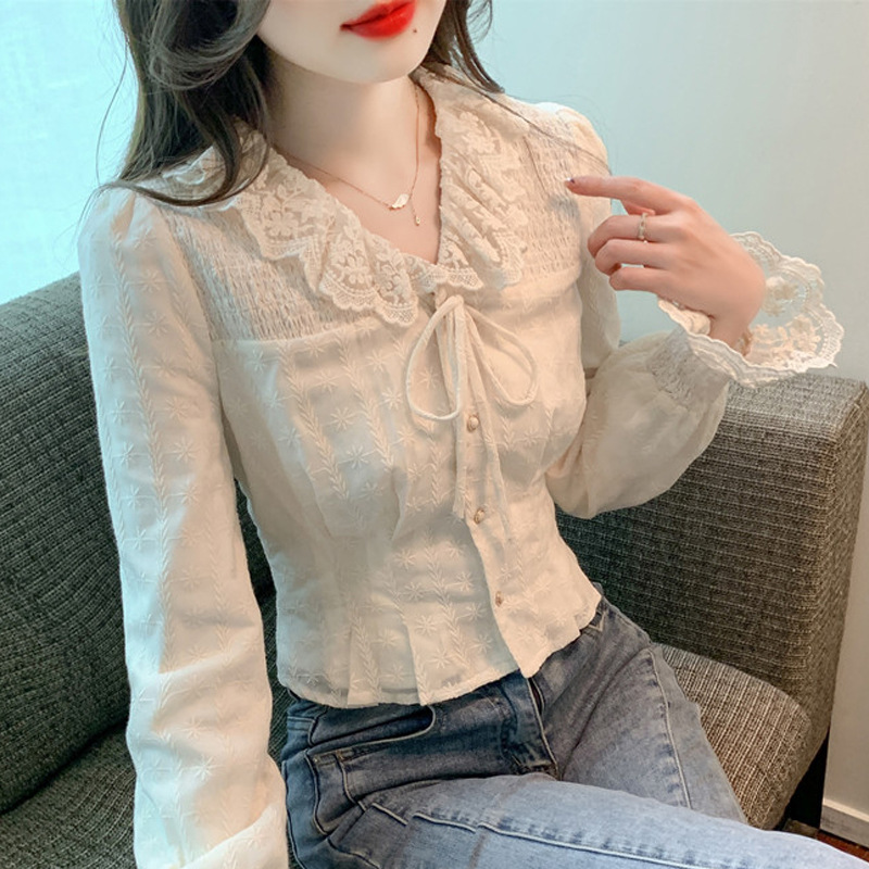 Women's French-style slim-fit bell-sleeve shirt lace doll collar long-sleeved shirt