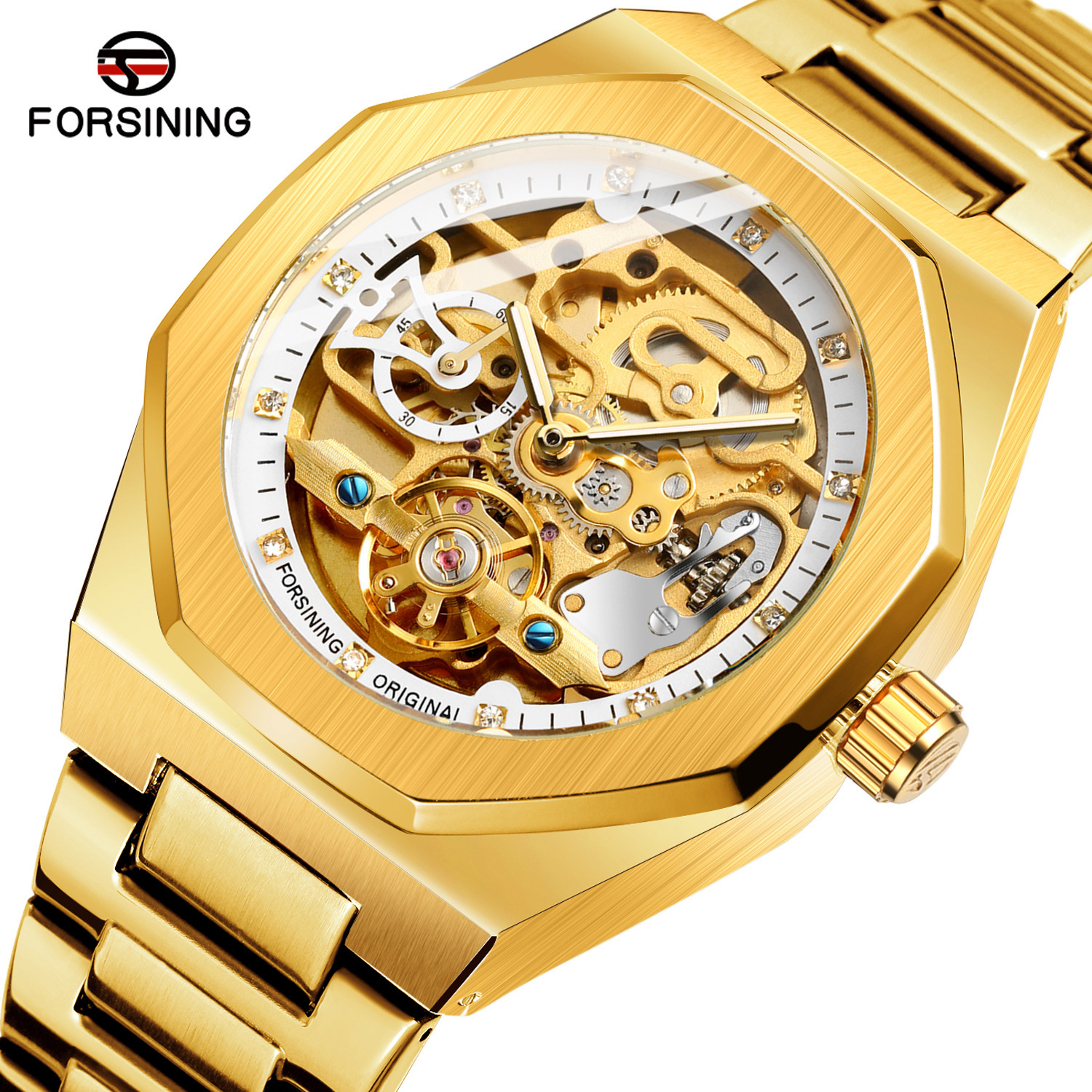 Forsining/fusini hombres casual reloj hueco volante automático reloj mecánico rhinestone hombres