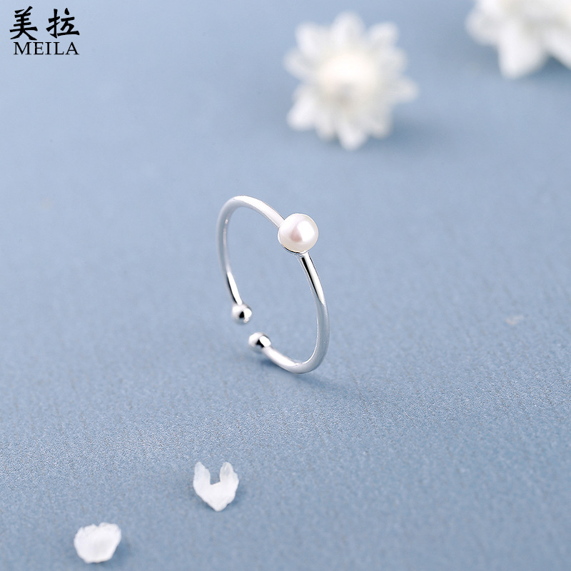 s925纯银珍珠戒指女小巧开口可调节单戒尾戒优雅天然淡水珍珠指环