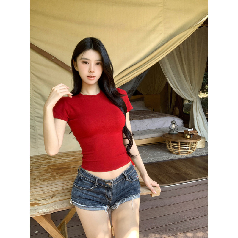 女性用外貿スリム半袖Tシャツ2025夏新作韓国風カジュアルホワイト右肩ボトムシャツレディーストップス|undefined