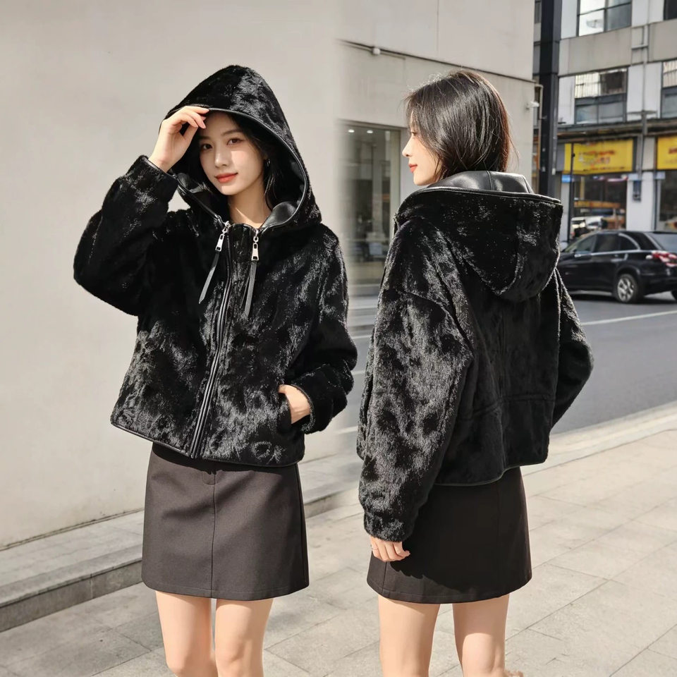 Áo khoác da PU hai mặt trùm đầu nữ form rộng phong cách công sở — màu cà phê, màu trắng ngà, đen