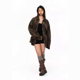 美式高街复古豹纹水洗刺绣牛仔外套男女潮牌宽松oversize情侣夹克