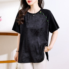 実写ジャカード半袖tシャツ女性夏新中国式大サイズ上着2025年新型レトロ女装ブーム