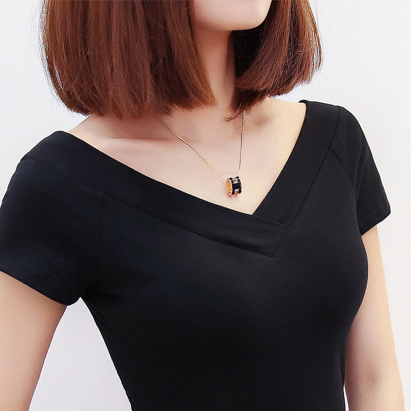 Low Collar Black T-Shirt Women's Short Sleeve V-Neck Pure Cotton Summer Design Niche Top Half Sleeve T-Shirt 2022 New