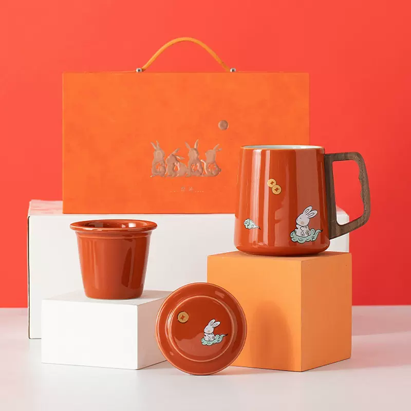 中秋创意送礼茶具兔年杯子伴手礼泡茶杯55度恒温垫套装公司年会礼