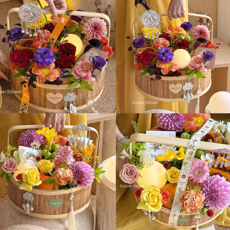 【中秋节】月饼手提花篮鲜花插花盒花店果礼手工diy花盒批发|undefined