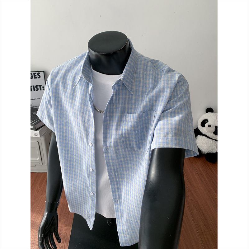 In Stock~ Popular Plaid Plus-Size Short-Sleeve Shirt C5918/特523 Light Blue