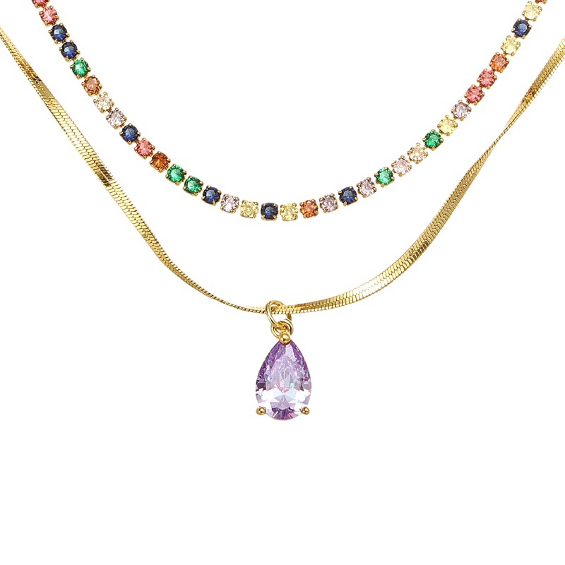 Latón chapado 18K oro real europeo y americano retro ins estilo púrpura en forma de gota colgante de circón collar de hueso de serpiente para las mujeres