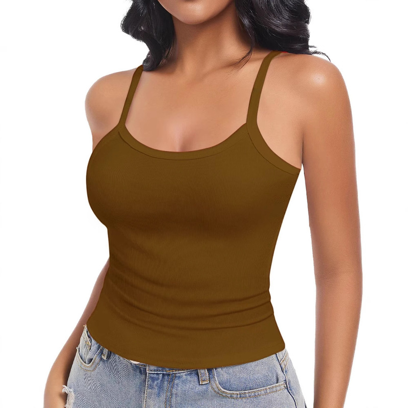 Women's Low Crewneck Thin Shoulder Strap Rib Vest Slim-fit Shirt Basic Sleeveless Layered Camisole Vest