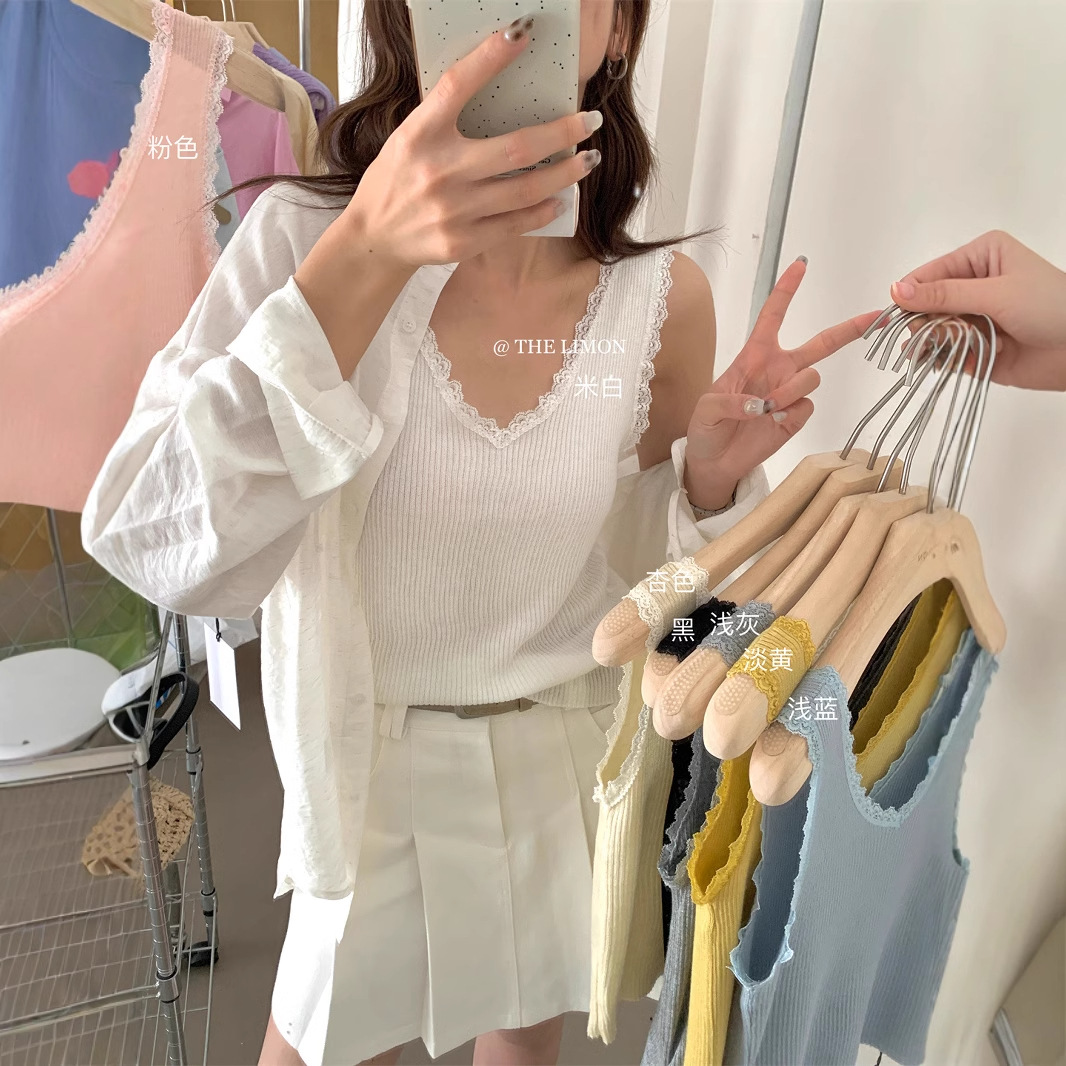 The limon limón té verde encaje con cuello en V puro estilo chaleco de punto camisola mujer delgado y delgado