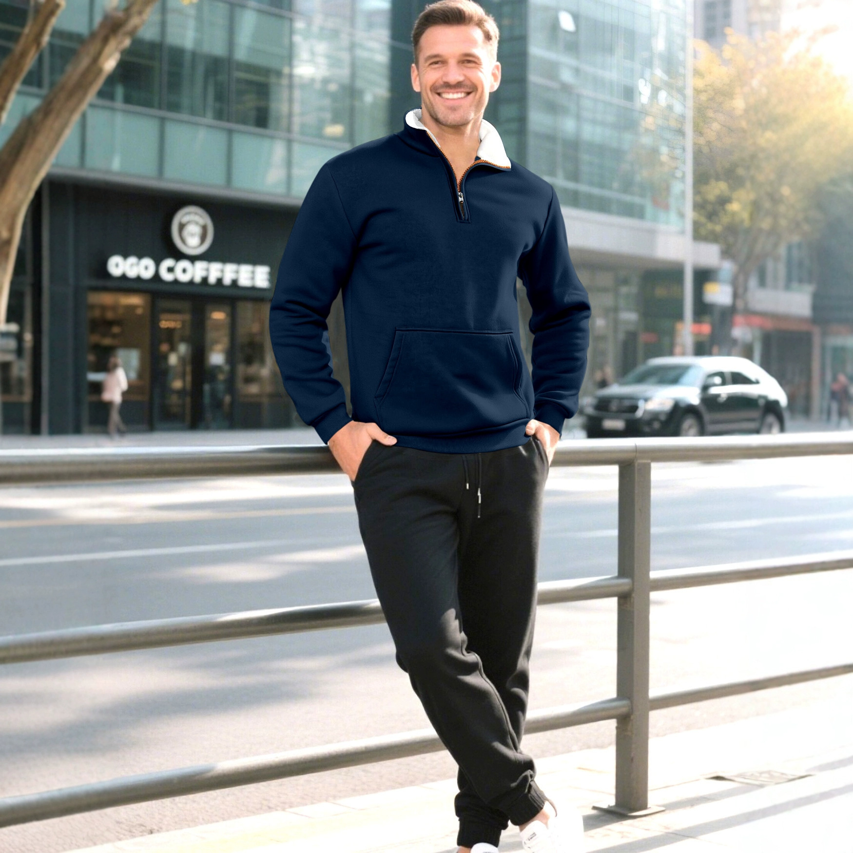 Nuevo cross-border hombre estilo de moda callejera estilo encapuchado otoño invierno contraste cremallera retro camiseta casual hombre