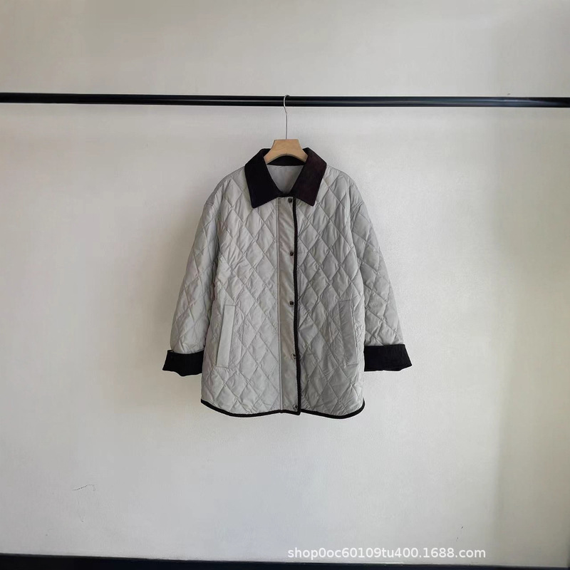 Morandi Contrast Color Corduroy Spliced ​​Collar Quilted Plaid down Jacket 2025 Autumn and Winter New Duck down Filled Jacket