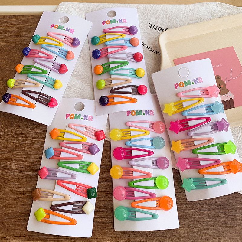 46g Weight Hair Clip Hair Accessories Type 10 Pieces in One Card Quantity Business Occasion Resin, Iron Material Flower Pattern Girl'S Gender Star, Flowers Design Cartoon Style Style Girl'S Cartoon Style Flower Resin Iron Star Flowers Hair Clip