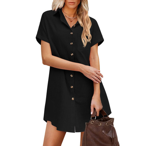 Amazon European and American Foreign Trade 2023 Women's Long Button Shirt Short Sleeve Linen Shirt Skirt Summer Beach Cover Up