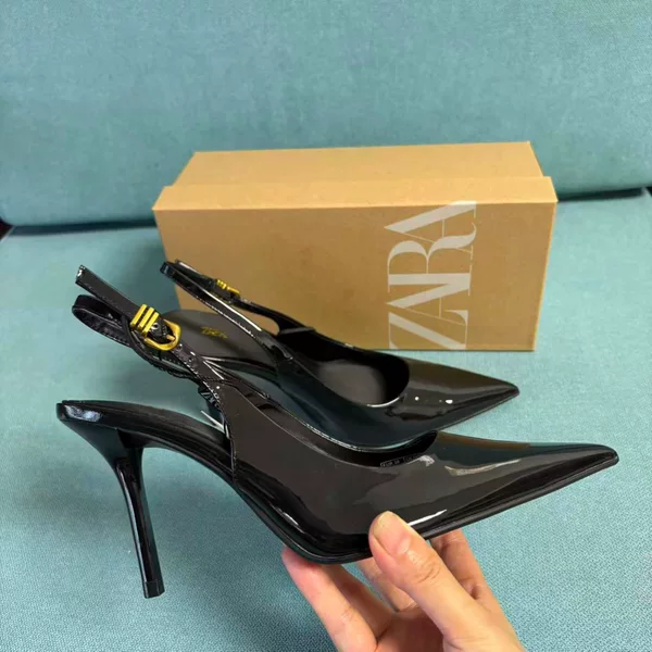 Za2025 New Autum Black Metal Buckle Decorated Pointed Toe Stiletto Heels, Versatile Simple Pointed Toe Stiletto Sandals