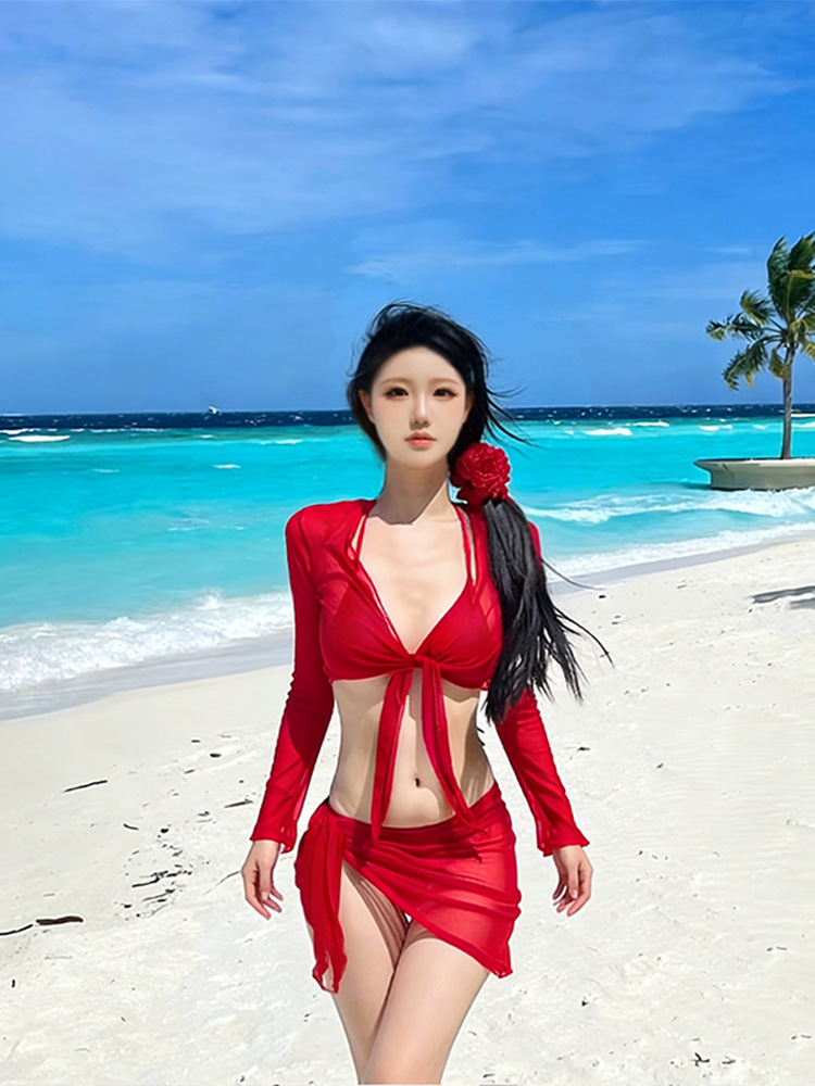 2025 traje de baño puro para mujer, bikini sexy blanco de cuatro piezas, protector solar de manga larga, chica caliente, traje de baño de playa al por mayor