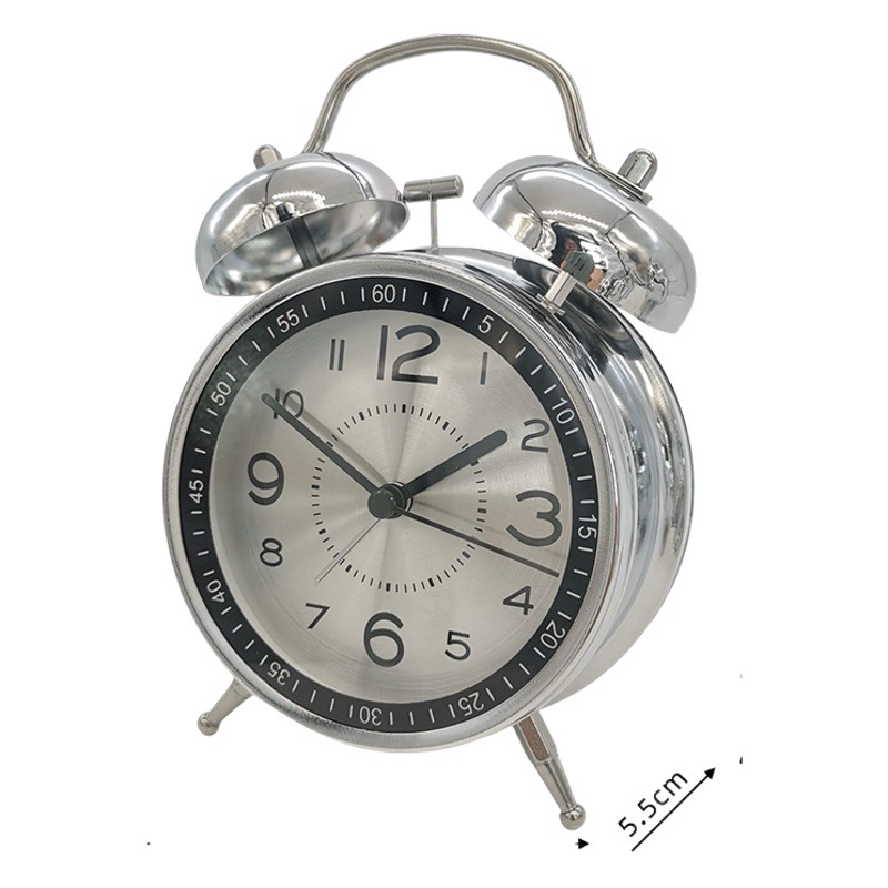 4 pulgadas de pantalla de seda de vidrio escala galvanoplastia metal doble campana alarma reloj mudo superficie metálica con luz