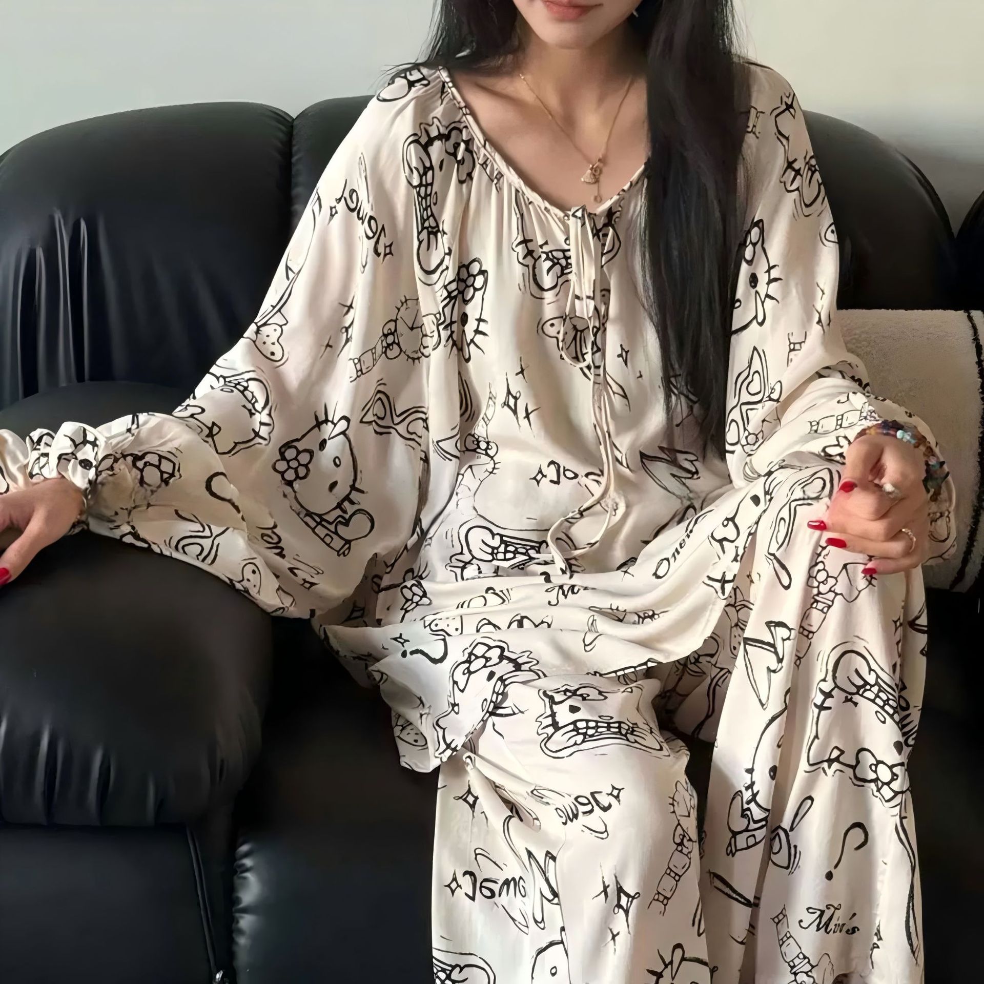 [Traje de casa de bolsillo] Pijamas de seda de algodón de primavera y verano, mangas de linterna de estilo nacional femenino, pantalones de manga larga de algodón, servicio a domicilio