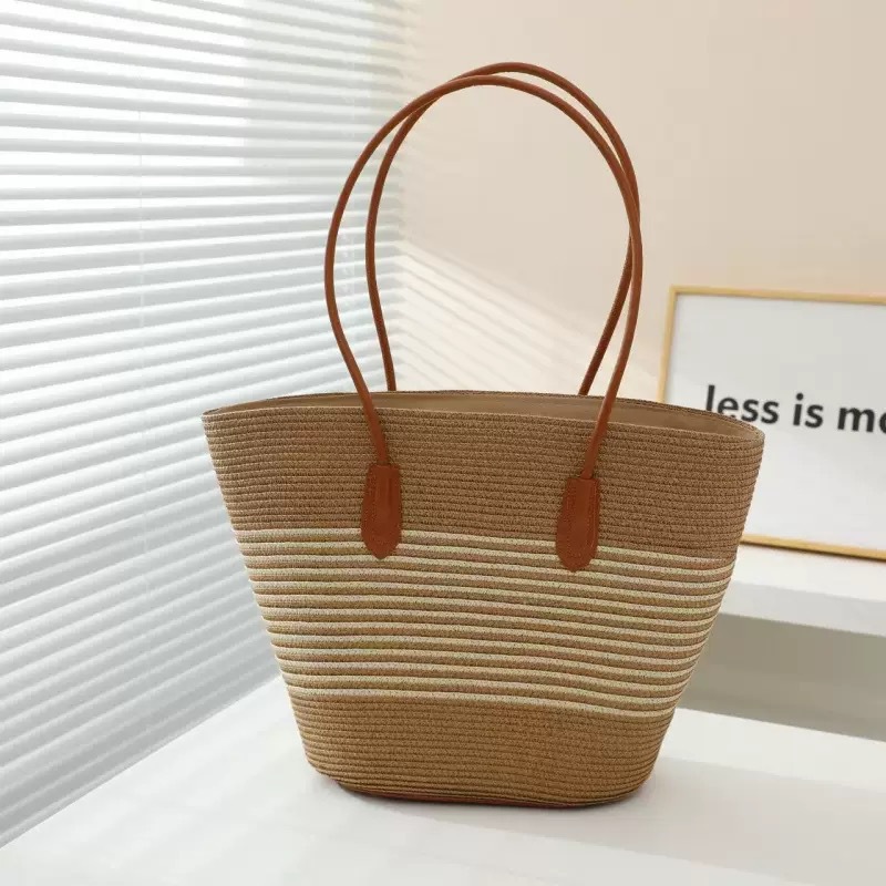 New Summer Striped Single Shoulder Commuting Straw Woven Bag, New Large Capacity Casual And Fashionable Women's Beach Tote Bag_voghion.com