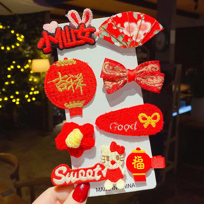 Flor de lazo de moda horquilla roja china dulce y elegante dama pequeña y fresca pinza lateral para niños accesorios para el cabello de todo fósforo