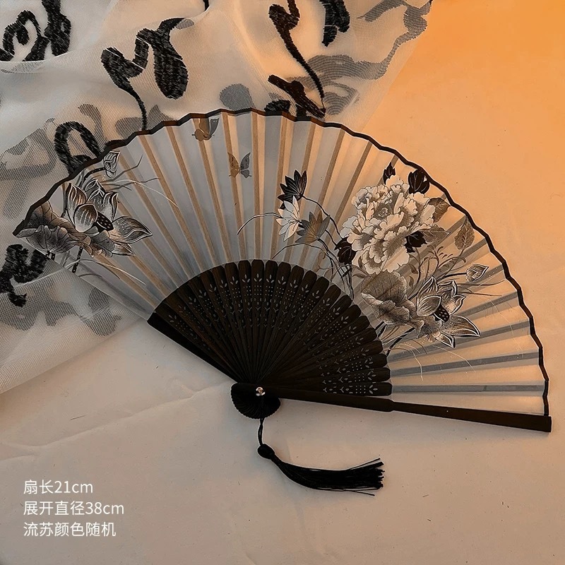新型扇子古風絹織物扇風機中国風水墨蘭ハスの花梅の折り畳み扇新中国式折扇写真|undefined