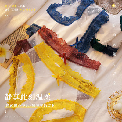 新款日系透視全蕾絲波點性感蝴蝶結中低腰棉檔內褲女士現貨批發