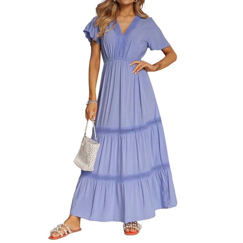 Women's Clothing Elegant Style Women's Long Sleeve Lace Ruffle Sleeve V Neck Solid Color Dress Full Skirt Fashion_ecoleips.com