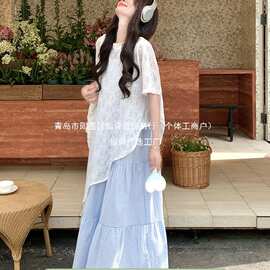 绝美小清新连衣裙女夏2025新款度假风不规则罩衫格子吊带裙两件套
