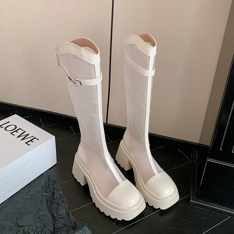 Bốt lưới da cừu cao gót thô cổ cao ôm chân phong cách Hàn Quốc — Màu đen cổ ống lớn, Ống nhỏ màu đen, Chu vi ống lớn màu trắng Be chi tiết 18