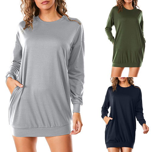 Factory 2025 Autumn/Winter Plus Size Women's Hooded Crew Neck Solid Color Casual Long Pocket Sweatshirt