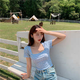 夏新款短款碎花方领T恤女夏季韩版修身显瘦短袖上衣打底衫