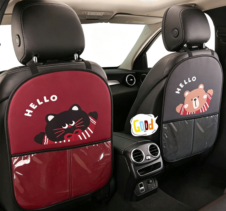 Women's Cute Cartoon Car Seat Back Anti-Kick Pad, Car Seat Back Anti-Stain Pad with Storage Strap