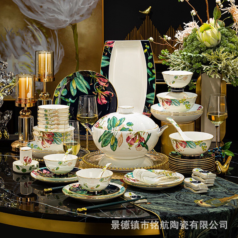 Bone China Dinnerware Set Bowls and Plates for Home Use, Light Luxury, High-End European Style, Jingdezhen High-End New Home 2025 New Model Gift