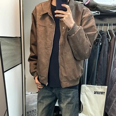 アメリカのレトロなPUの皮の服のコートの男性の秋冬の高い街の美ラードのスエードの皮の襟の野球の服のカップルはジャケットを詰めます。