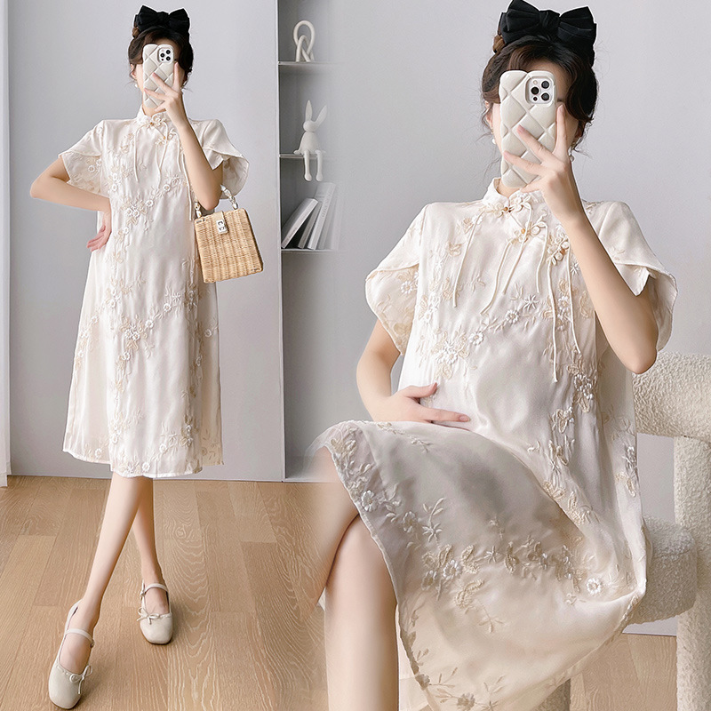 Real Shot of Ready-Made Maternity Summer Dresses, Fashionable and Retro New Chinese Style Cheongsam Dresses, Summer Maternity Dresses