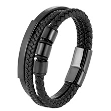 跨境专供双层编织手链男士牛皮真皮不锈钢皮绳皮革手镯L20222